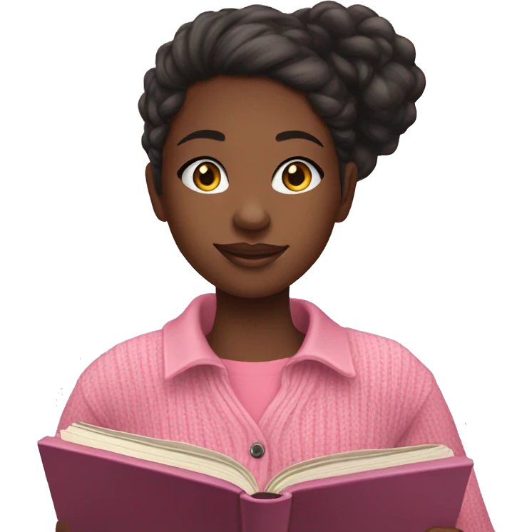 black teenage girl wearing a pink button up sweater reading a book  emoji