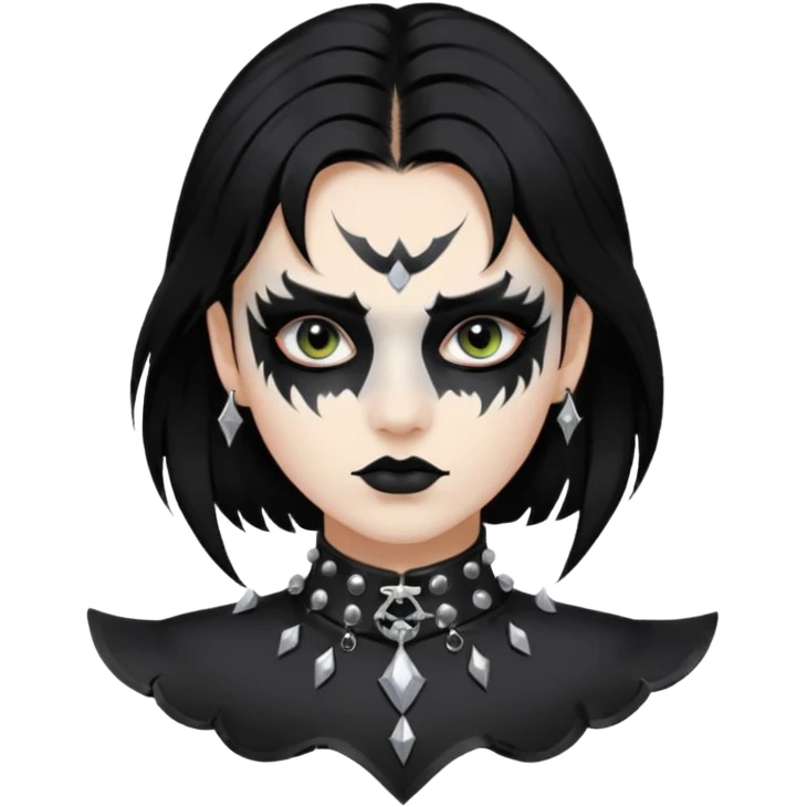 Crea una ragazza con stile black metal,  paint face black metal, capelli neri, mossi dalle spalle e occhi bianchi e un collare con borchie a punta emoji