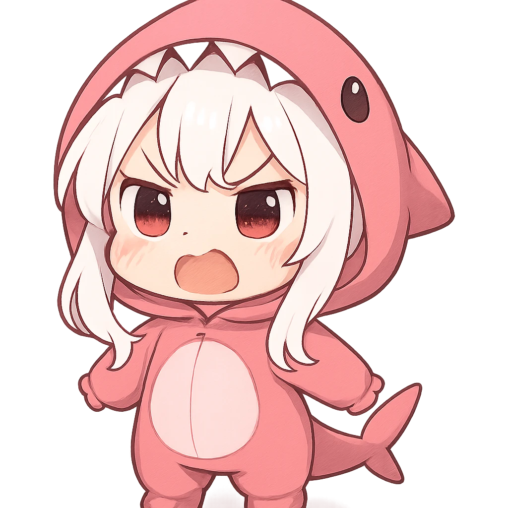 chibi girl with white hair, pink shark onesie, making an angry but cute face, adorable expression emoji