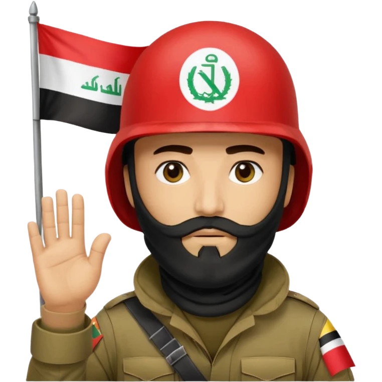 surrenders, depicts an Iraqi soldier from 1980, with a beard, in a helmet, a helmet with sign flag Iraq, with a balaclava, with sad eyes and both hands raised up emoji