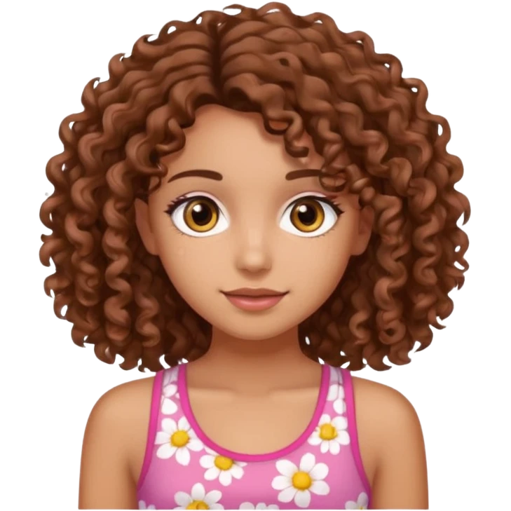 A pretty girl with tan skin and brown wavy curly hair, wearing a floral pink tank top with brown eyes emoji
