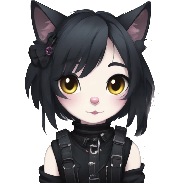 Gorgeous gothic dark techwear anime style anthro cat with blushing face aesthetic and pretty edgy black with collar and harness trending style emoji