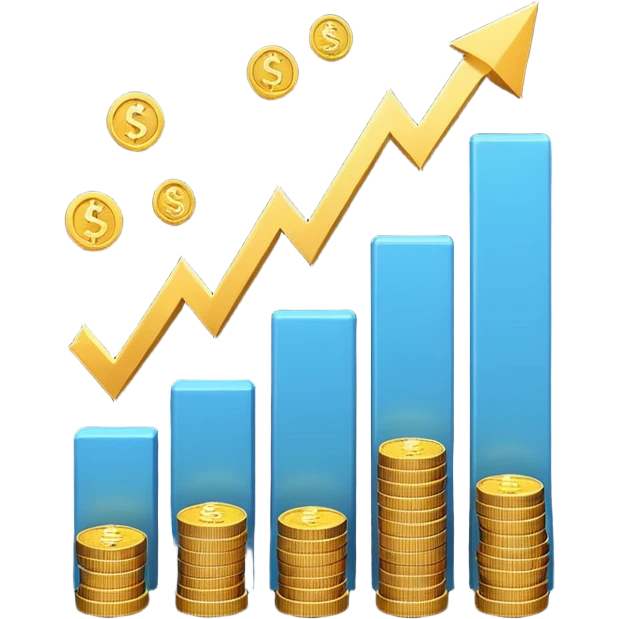 3D emoji-style bar chart showing $10K → $800 and $20K → $1,600 returns, coins and dollar signs flying upward, minimalist light background emoji