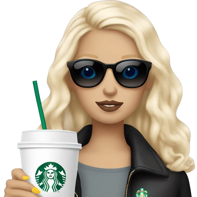Girl with blonde hair, blue eyes, stockholm style and a zadig en voltaire bag and big sunglasses and a starbucks drink emoji