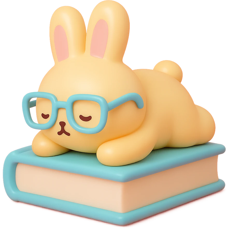biscuit bunny lying on book with slipping glasses, vinyl figure style emoji