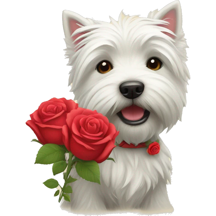 West highland terrier with a red rose in its heaf emoji