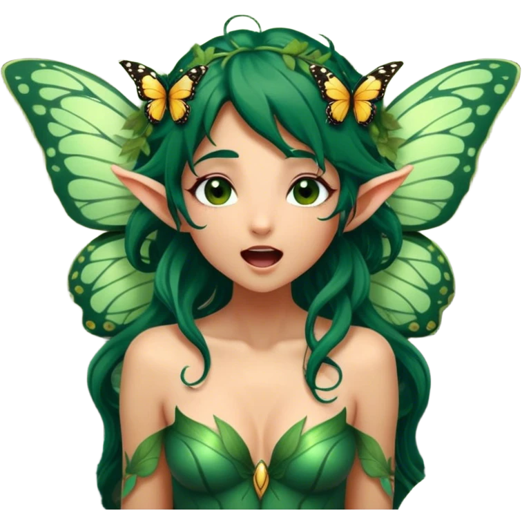 Cinematic Realistic Forest Nymph Fairy Portrait, head tilted slightly with a dramatic, wide-open yawn, revealing a tender, relaxed visage with finely detailed tanned skin and flowing, vine-adorned dark green hair gently framing her face. Her sleepy eyes exude a serene, dreamlike quality as soft natural sunlight filters through the canopy, showing her large butterfly wings from her back capturing the essence of a drowsy yet captivating forest nymph drifting into peaceful slumber. emoji
