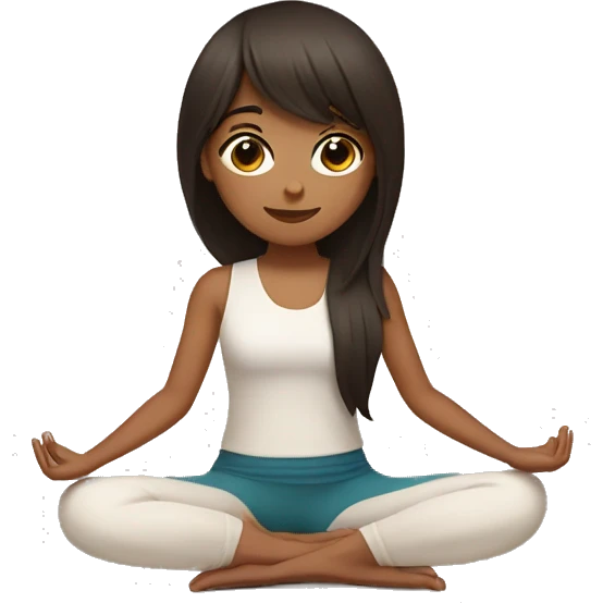 A girl with brown dark long hair, bangs and black eyes doing yoga emoji