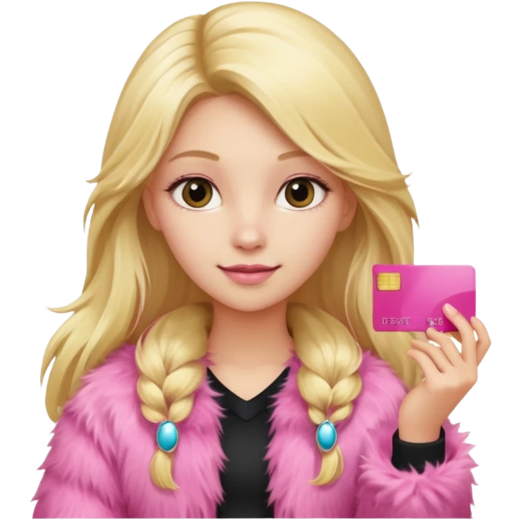 blonde long-haired girl in pink fur, holding a pink credit card emoji