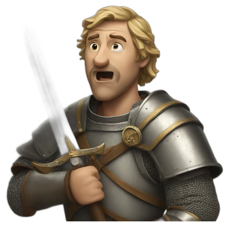 medieval man, sword coming out of his mouth, looking up emoji