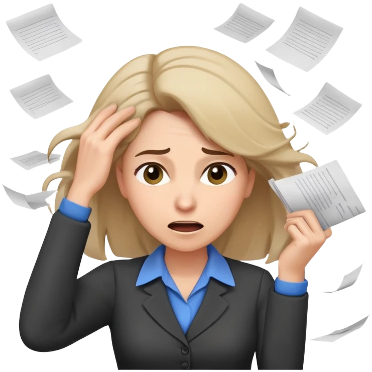 female teacher pulling her hair with stressed face, papers flying everywhere emoji