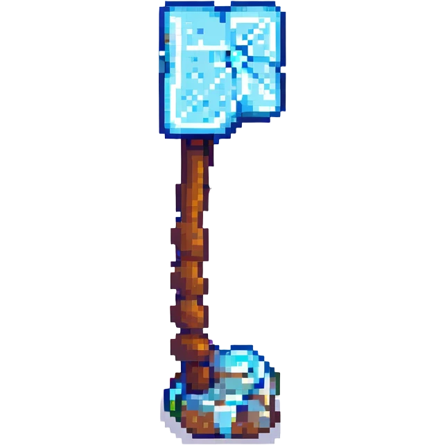 a pixel art pickaxe like in Minecraft game, blue rectangular diamond ore shape, isometric view emoji