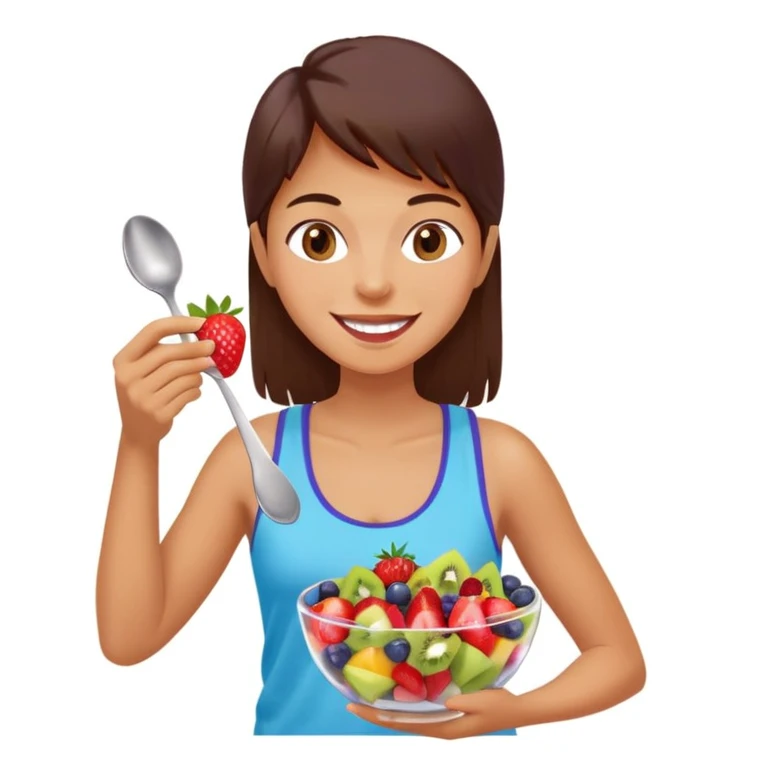 A cheerful person holding a glass bowl of colorful fruit salad with vibrant pieces of strawberries, kiwis, and blueberries visible. The person is wearing a casual, light-colored tank top and has a friendly, bright smile as they prepare to take a bite with a spoon. emoji