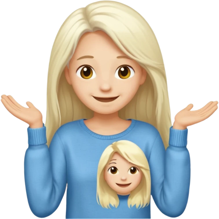 blond person with long white hair, smiling, taking off a sweater, simple features, emoji style emoji