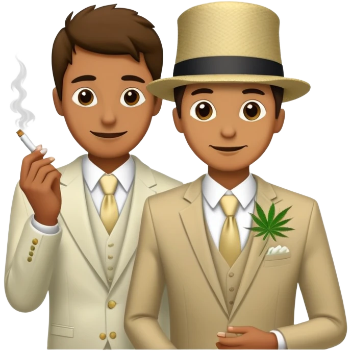 Person in fancy clothes sneaking into a wedding ceremony with a mischievous grin, uninvited guest, smoking cannabis emoji