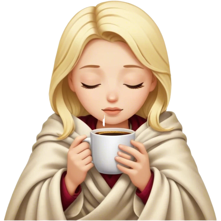 blonde girl inside a blanket sipping coffee eyes closed emoji