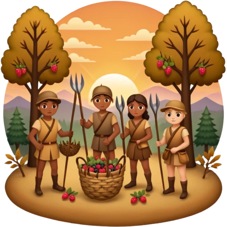 A simple, flat-style illustration of a small group of people with spears and baskets, gathering berries and hunting a deer, surrounded by trees and a sunset—emoji aesthetic, warm earth tones. emoji