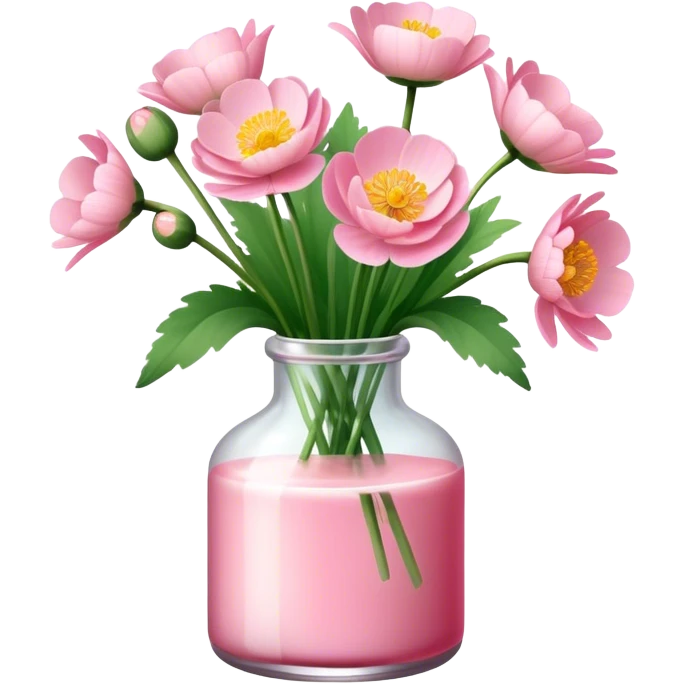 aesthetic bow in Cream Pink , Sugar Pink color glass bottle and in it a beautiful bouquet of Satin Pink Chinese buttercup  emoji