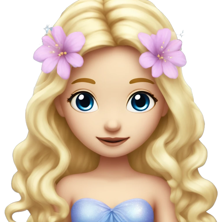 Fairy, a blonde hair with blue eyes and a pink dress with sparkly wings. Flowers. White wings. The fairy has long, curly hair with a lot of volume emoji
