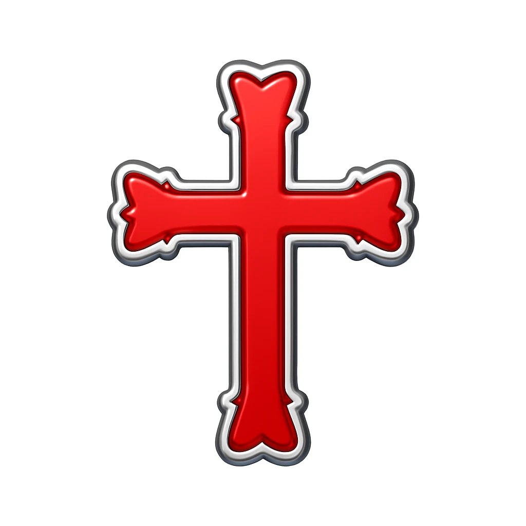 Add a bold and simple silver outline to the chrome hearts cross in red, keeping the apple emoji style with its characteristic look and feel. emoji