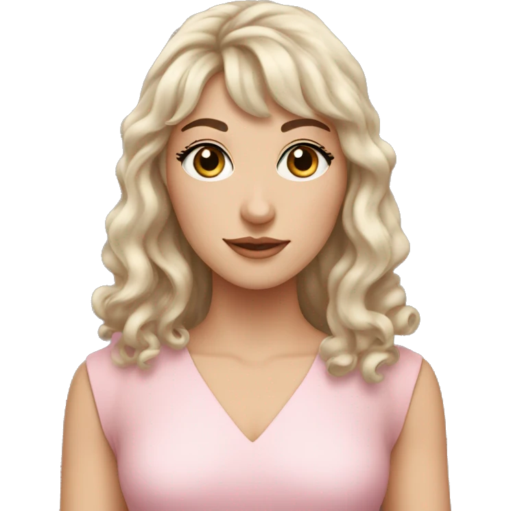 White woman with long black curly hair and bangs and dark brown eyes, wearing a pastel pink dress emoji