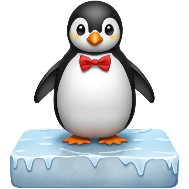 penguin, red bow tie, standing on small ice melting block emoji