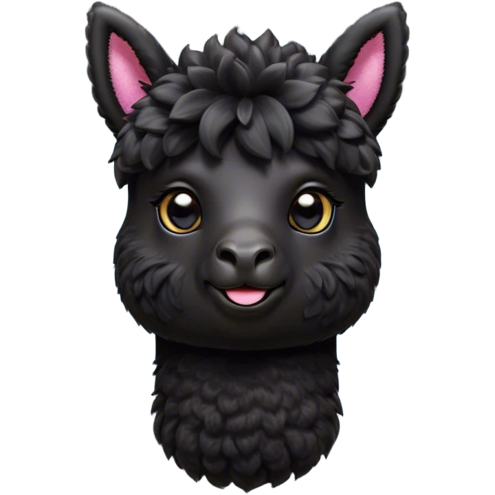 Cinematic Cute Black Alpaca Portrait Emoji, Head tilted playfully and inquisitively, featuring a plush, shiny jet-black fleece with a lustrous sheen, round, sparkling dark eyes filled with curiosity, Simplified yet irresistibly adorable features, highly detailed, glowing with a warm, friendly glow, high shine, affectionate and gentle, stylized with a touch of whimsy, bright and endearing, soft glowing outline, capturing the essence of a mischievous yet loving alpaca, so playful it feels like it could prance out of the screen and into your arms! emoji