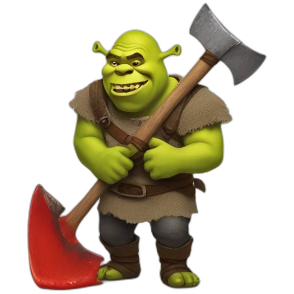Shrek holding a axe with red slime dipping of it emoji