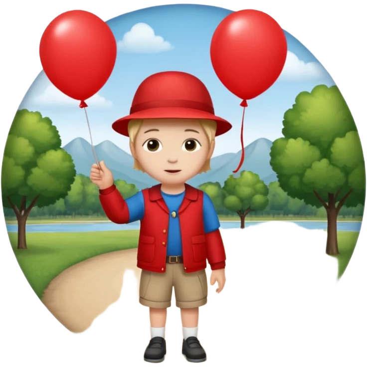 Child + balloon, Park Visitor, with park background, cicrle style frame. emoji