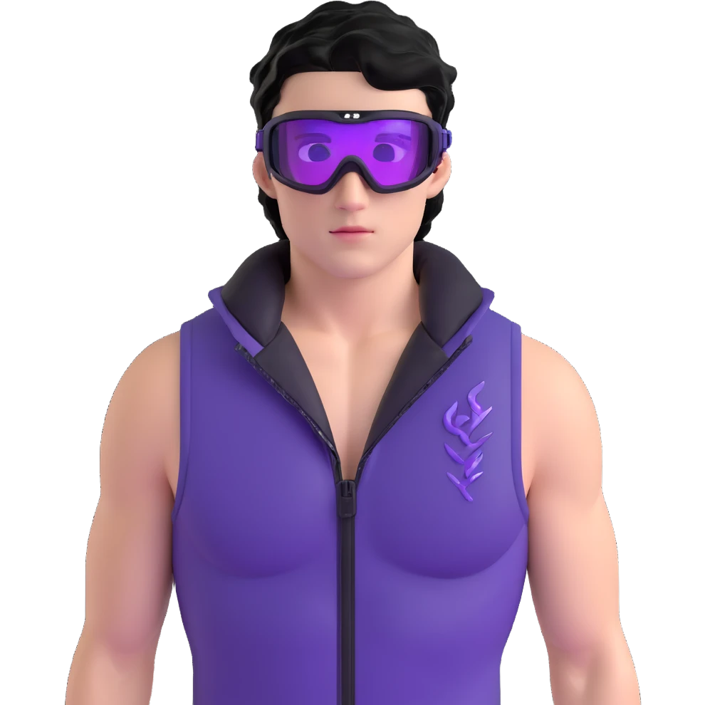 male athlete with white skin and moderately curly black hair on top with shaved sides, wearing ski goggles with purple frames and very dark black lenses, a simple plain black chain necklace, and a completely unzipped sleeveless vest with purple and black sequin fire pattern design, fully revealing his chest, shoulders and arms, no earrings emoji