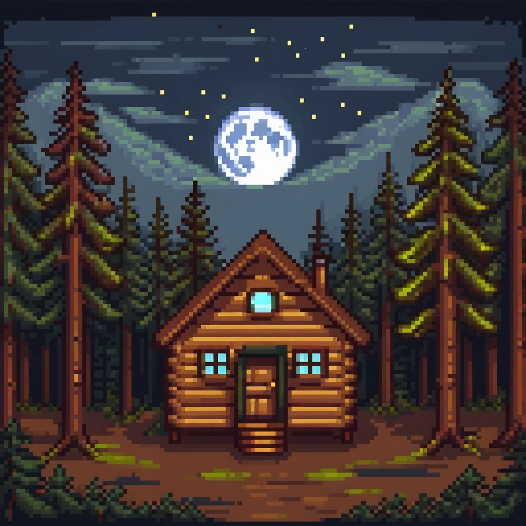 cozy wooden cabin in dark pine forest with moonlight emoji