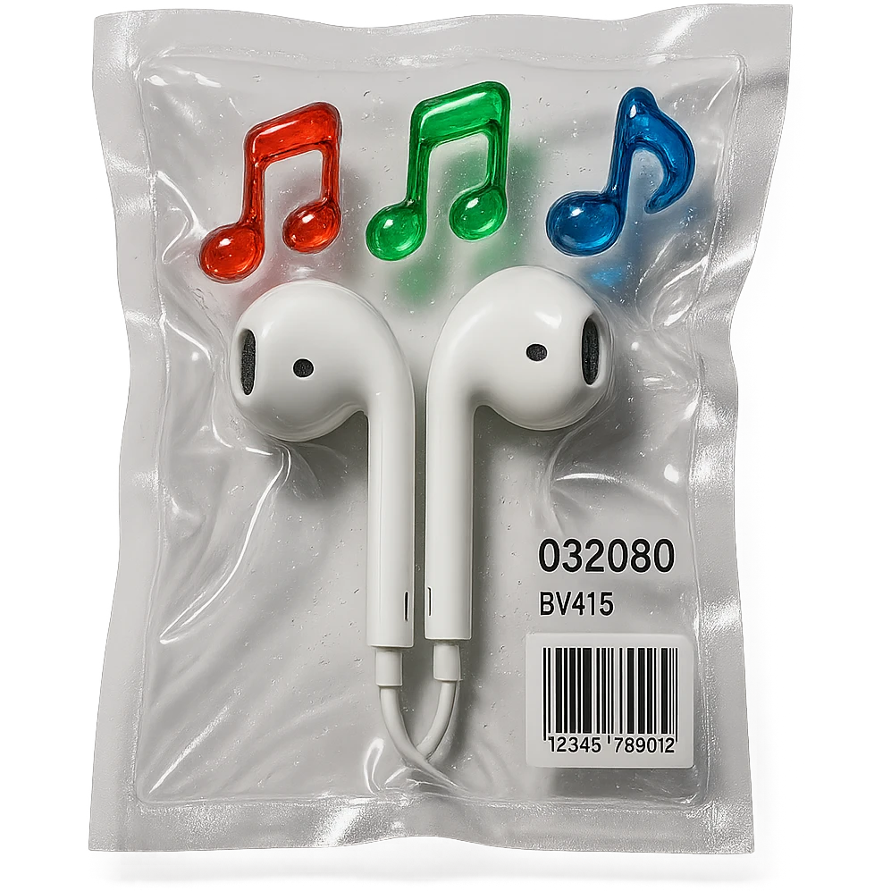 pair of white EarPods with three distinct colorful glass music notes floating above, glossy and puffy emoji