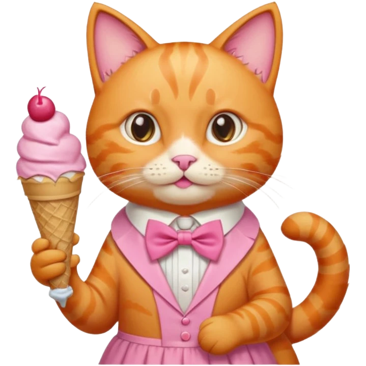 گربه ای نارنجی که لباس و پاپیون صورتی تنشه و پاپیون صورتی رو سرشه بستنی دستشه emoji