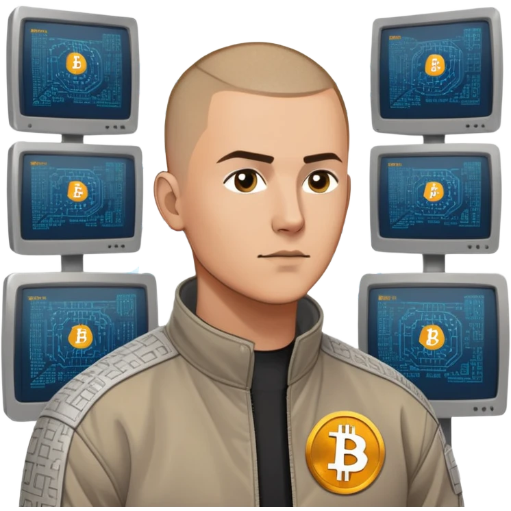 Gender: Male Hair: Buzzcut with laser-etched blockchain pattern Face: Permanent skeptic side-eye Clothes: Anti-static jacket with "SHA-256" shoulder patch Action: Tracing Bitcoin transactions across six monitors emoji