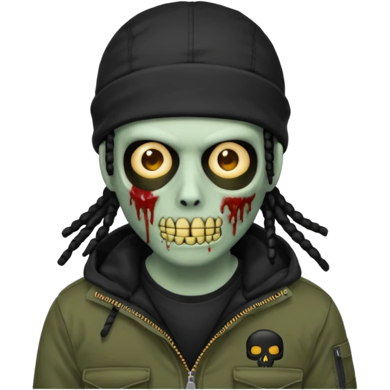 a zombie emoji with black dreads and a black carheartt jacket and black nike ski mask on his head emoji