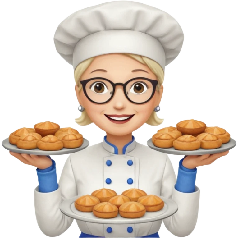 Older female pastry chef – round glasses, oven mitts on, holding a tray of pastries.

 emoji