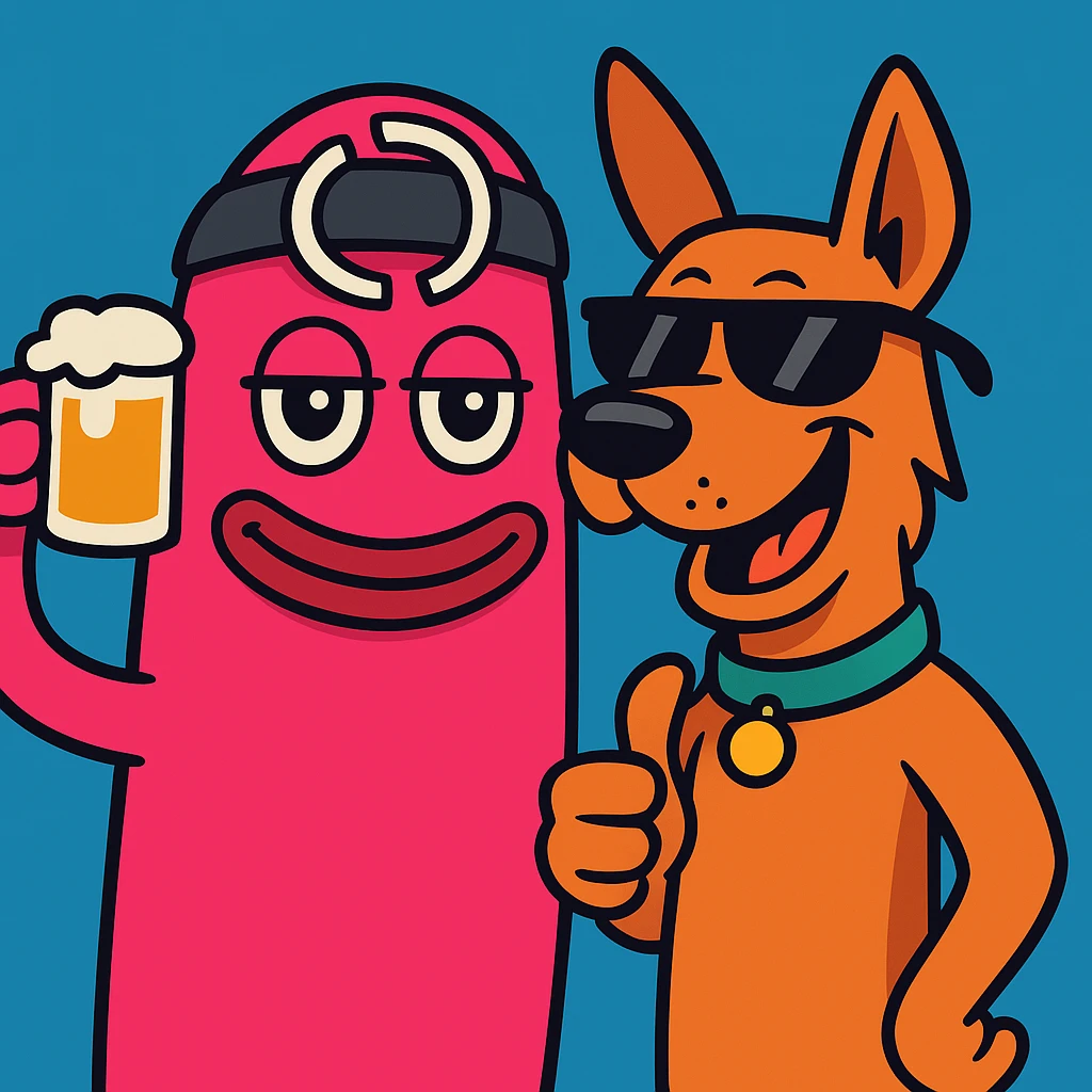 Add a funny cool cartoon dog next to the character in a vibrant, colorful, and humorous cartoon style as shown in the reference image. emoji