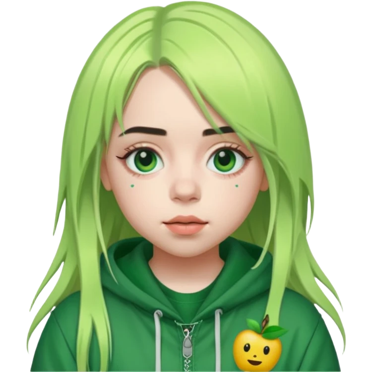Billie Eilish with signature green roots, neutral face, pop music theme, Apple emoji style emoji
