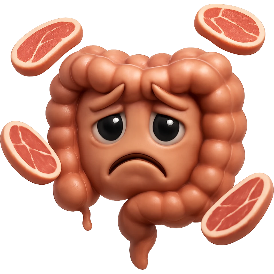 emoji stile iphone in 3d di un intestino triste con fette di carne che gli fluttuano intorno, iperrealistico 4k emoji