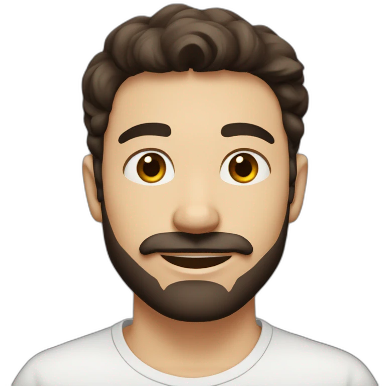 A young Caucasian man with dark brown, almond-shaped eyes, dark brown hair, and a small dark brown beard with a more prominent mustache. emoji