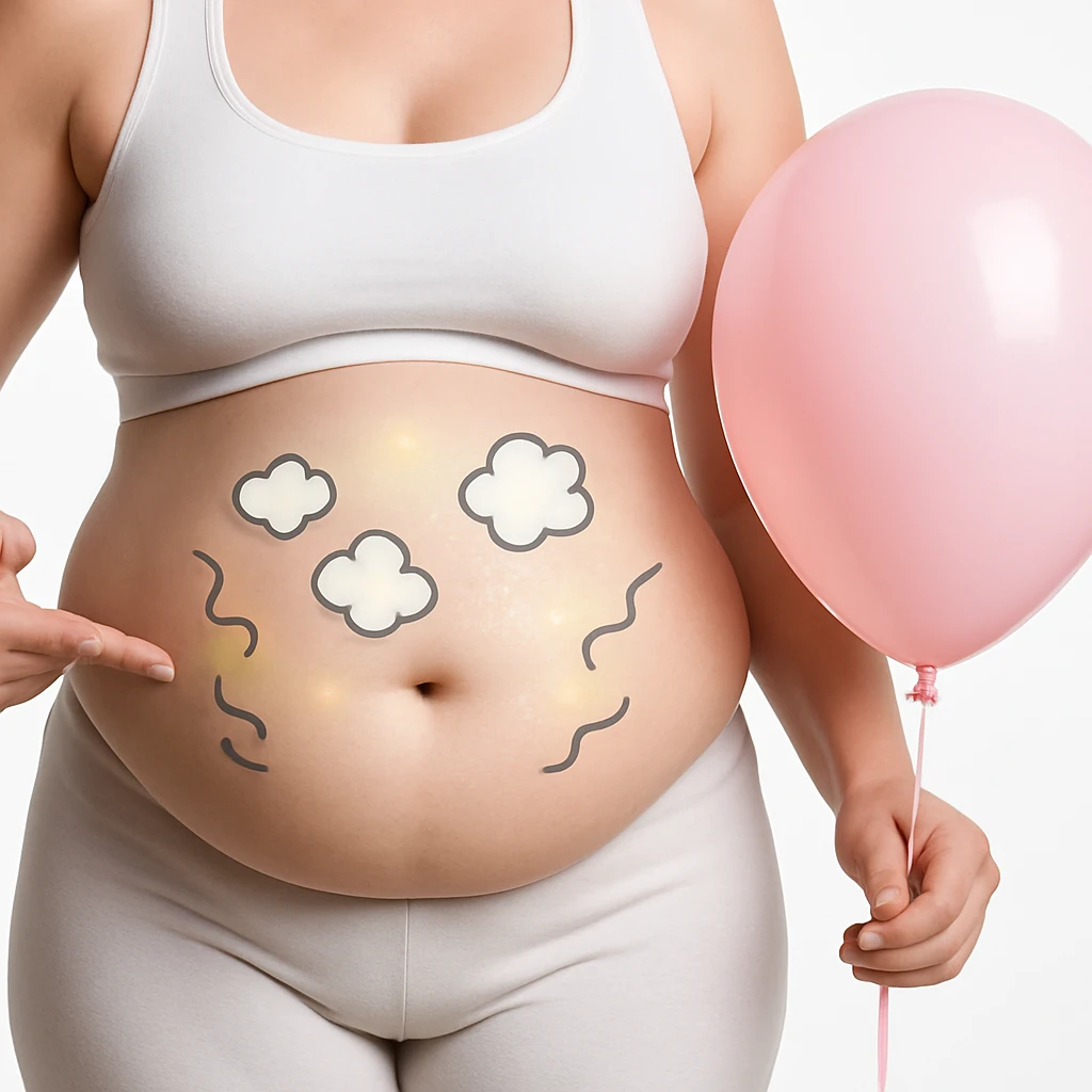 Realistic style edit of the woman identical to the photo with a very swollen abdomen. Add symbols of bloating like small clouds, curved lines, or a glow around the abdomen area. emoji
