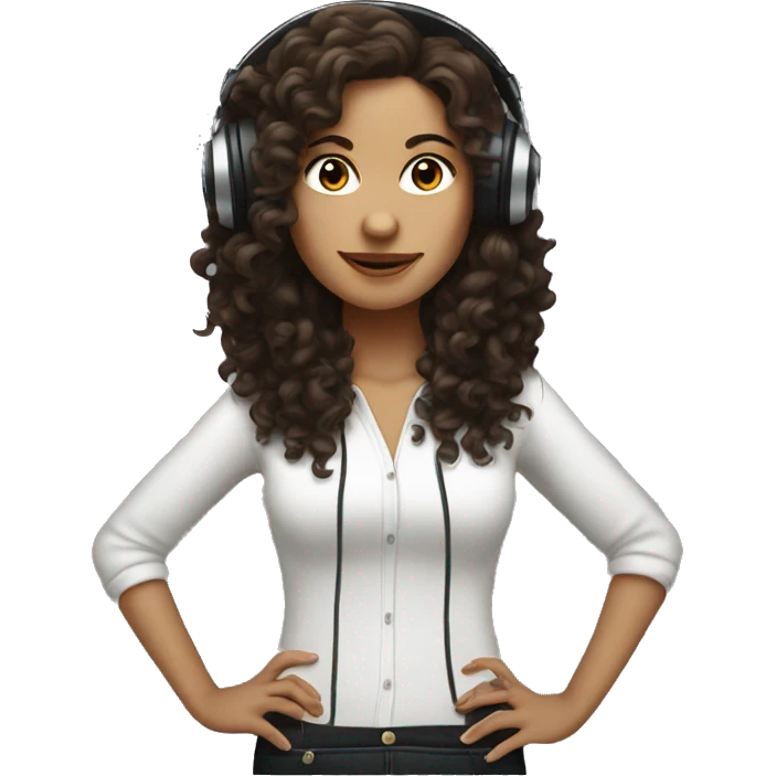 White woman with long dark brown curly hair DJing emoji