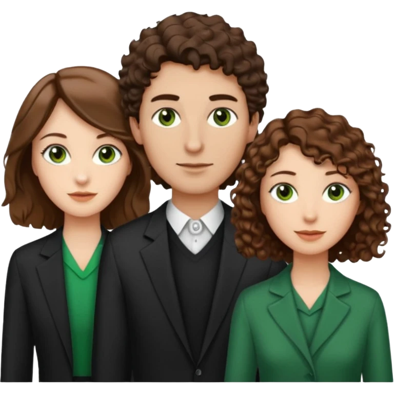 Man in the middle with brown straight hair and green eyes, women next to him with short brown hair with slight waves, tall women on right side with shoulder length curly hair and brown eyes emoji