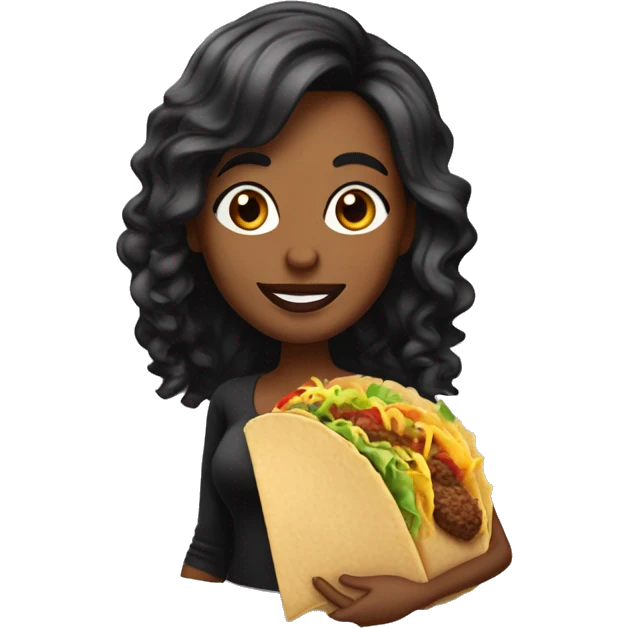chica linda con cabello negro ondulado largo, comiendo un taco emoji