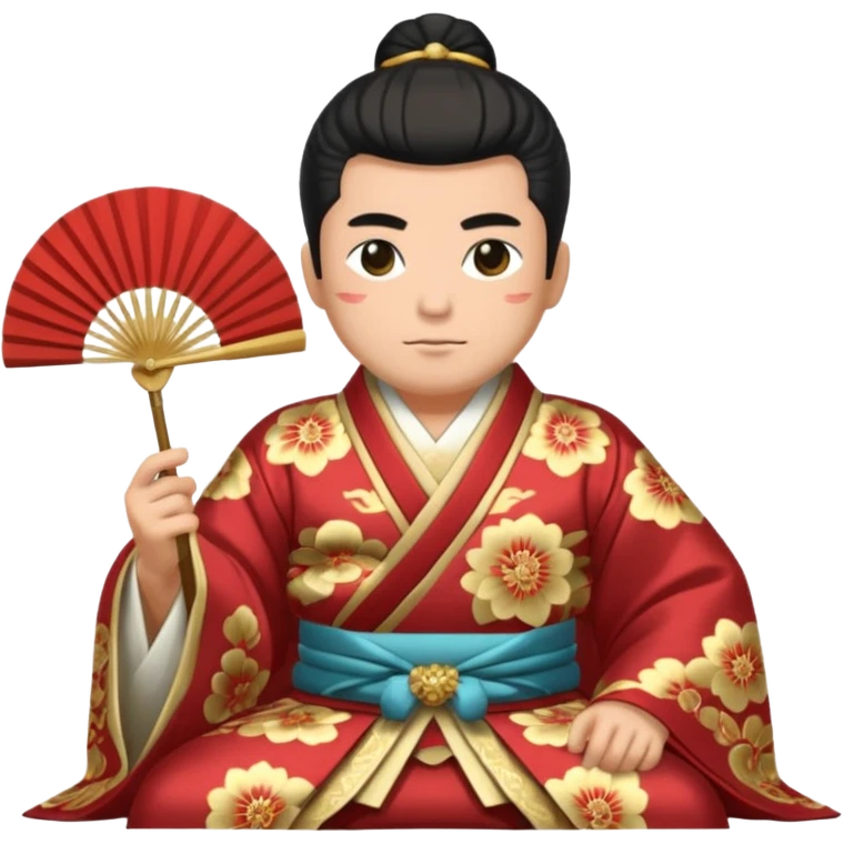 Wealthy warlord in ornate kimono, crest on chest, seated with fan in hand. emoji