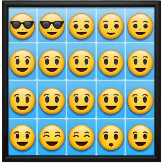 Emoji puzzle video.
Show 12 emojis in a clean grid.
One emoji has a clear visual difference (different color or missing detail).
Bright background, playful style.
Make it easy and fun for beginners.
4-second thinking time. emoji