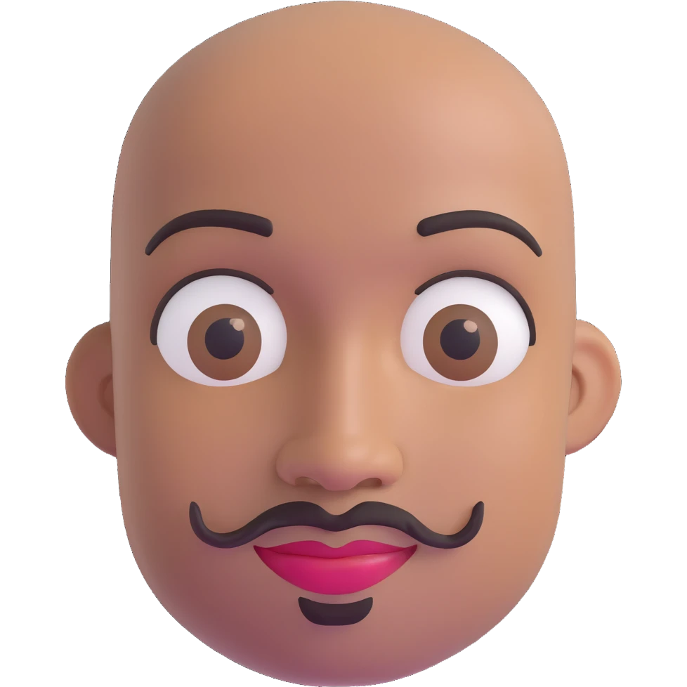 Oxumarê as a very happy smiling 37-year-old bald Black man with smooth oval head, indigenous facial features, mustache with goatee (no hair on sides of face), contour from chin to lips, and a beauty mark on left side below lip, Memoji style emoji
