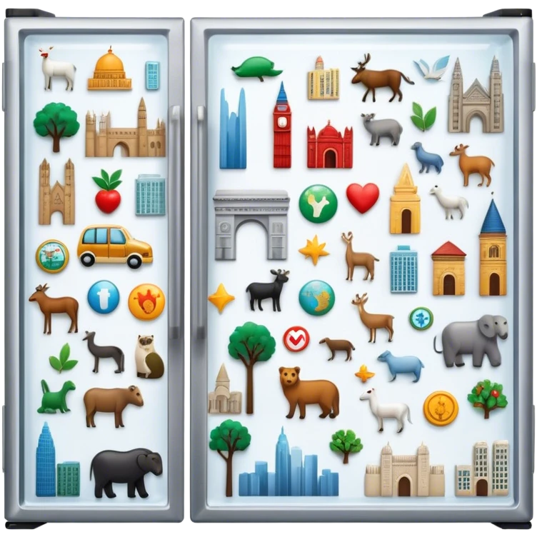 Icon for Magnet Collecting: a close-up of a fridge door covered with a variety of magnets, featuring cities, animals, symbols. The icon should highlight the diversity and charm of magnet collections. Transparent background. emoji