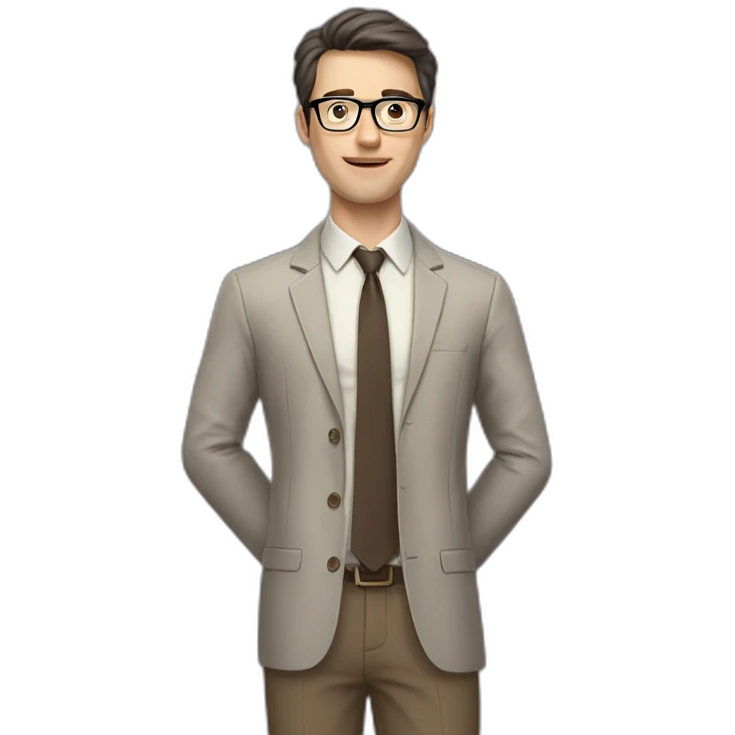Full height Actively gesturing with hands Pale skinned fit man with dark brown hair in gray jacket, beige office shirt, brown tie, brown pants and vintage glasses. emoji