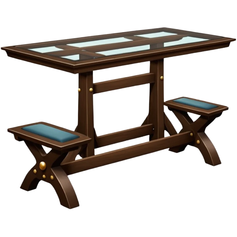 A glass topped rectangular trestle table with a bench on each long sided  and a high-backed throne on each short side emoji